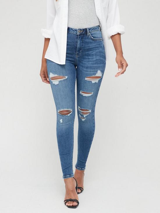 front image of v-by-very-ella-high-waist-open-rips-skinny-jeans-mid-wash