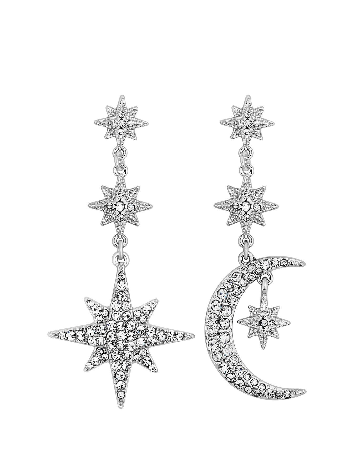 Image 1 of 1 of Mood Silver Plated Crystal Celestial Star and Moon Drop Earrings