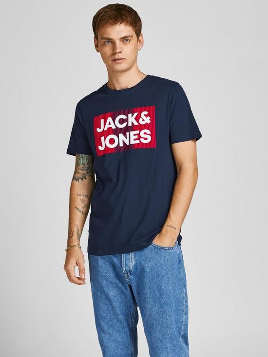 front image of jack-jones-essentials-logo-short-sleeve-t-shirt-navy