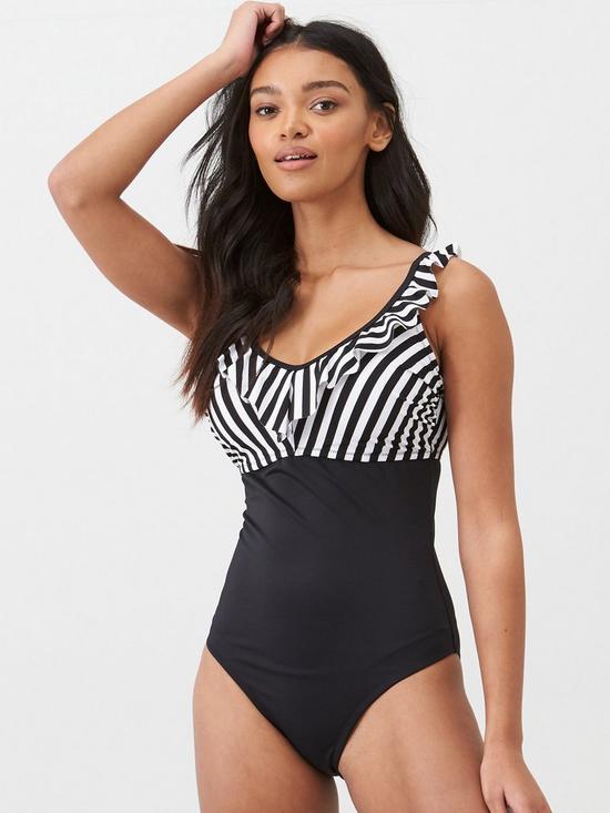 front image of pour-moi-capri-stripe-frill-hidden-underwired-swimsuit-blackwhite