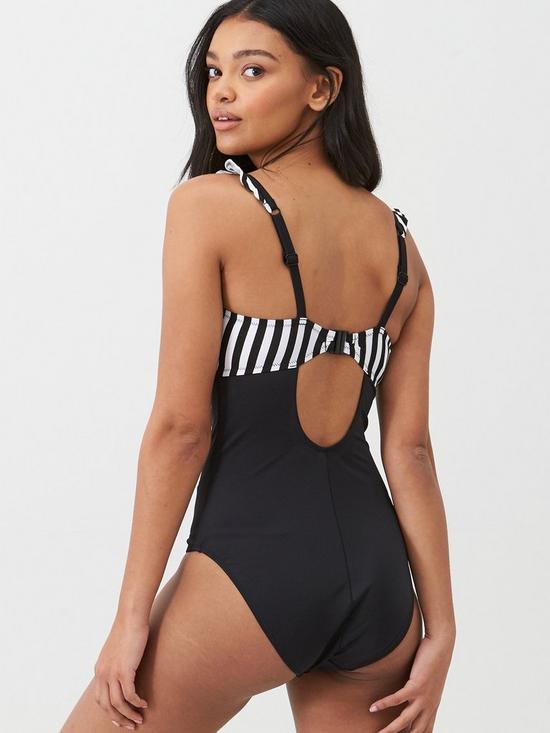 back image of pour-moi-capri-stripe-frill-hidden-underwired-swimsuit-blackwhite