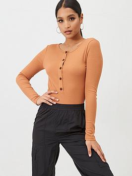 Missguided Missguided Missguided Ribbed Button Up Bodysuit - Brown Picture