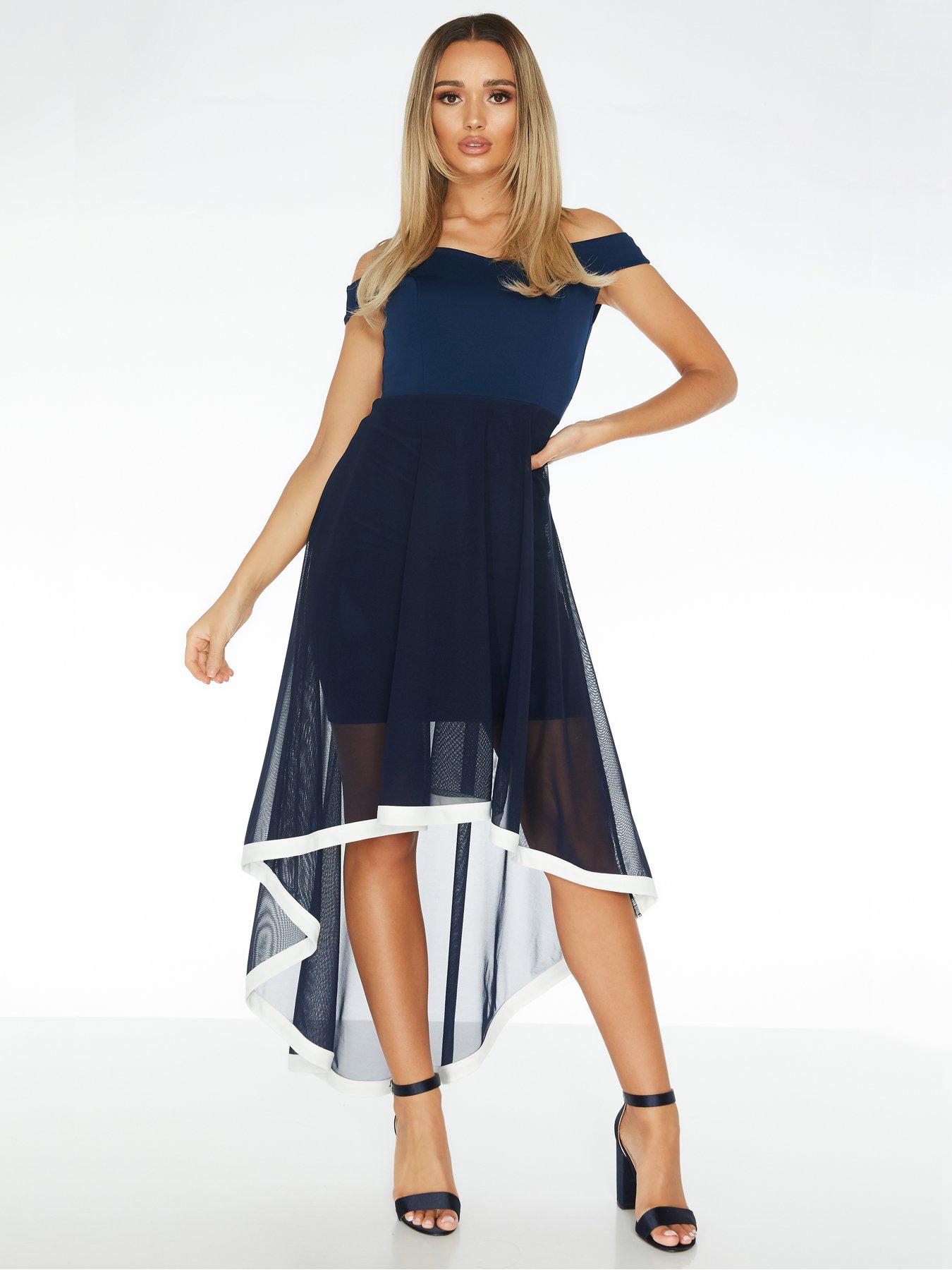 navy bardot knot front dip hem dress