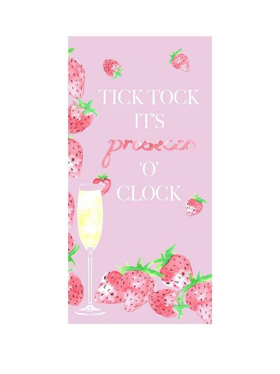 front image of deyongs-tick-tock-prosecco-beach-towel