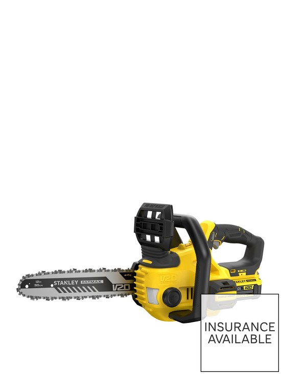 front image of stanley-fatmax-sfmccs630m1-gb-v20-18v-lithium-ion-cordless-chainsaw-with-40ah-battery