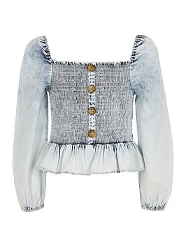 River Island River Island Girl Shirred Long Sleeve Denim Blouse-Blue Picture