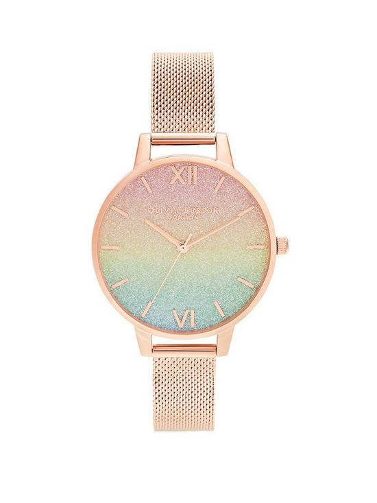 stillFront image of olivia-burton-rainbow-glitter-dial-and-rose-gold-mesh-bracelet-watch