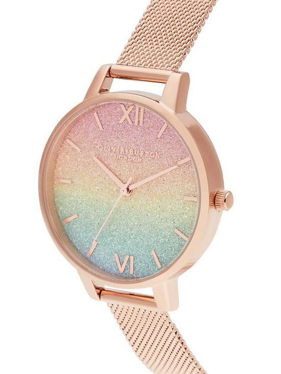 back image of olivia-burton-rainbow-glitter-dial-and-rose-gold-mesh-bracelet-watch