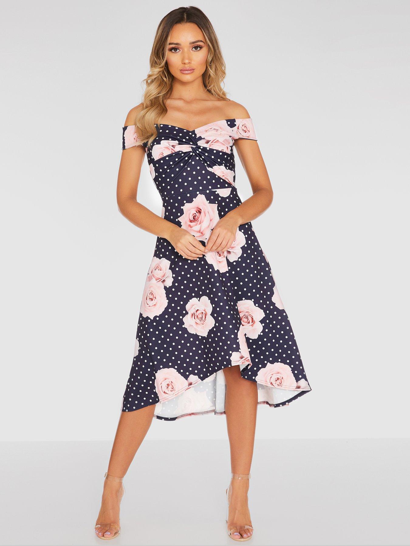 navy bardot knot front dip hem dress