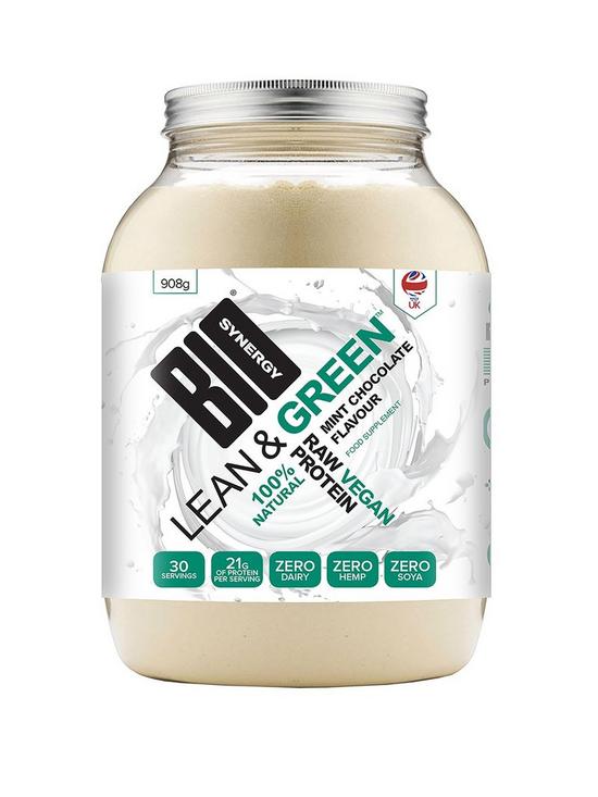 front image of bio-synergy-lean-amp-green-vegan-protein-choc-mint-908-grams