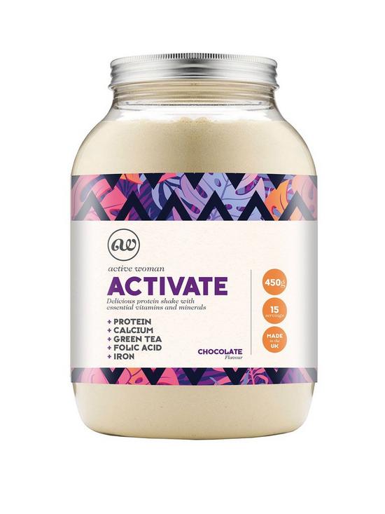 front image of active-woman-activate-chocolate-protein-shake-with-vitamins-and-mineralsnbsp--450grams
