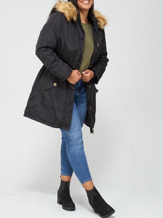front image of v-by-very-curve-faux-fur-trim-hooded-parka-coat-black