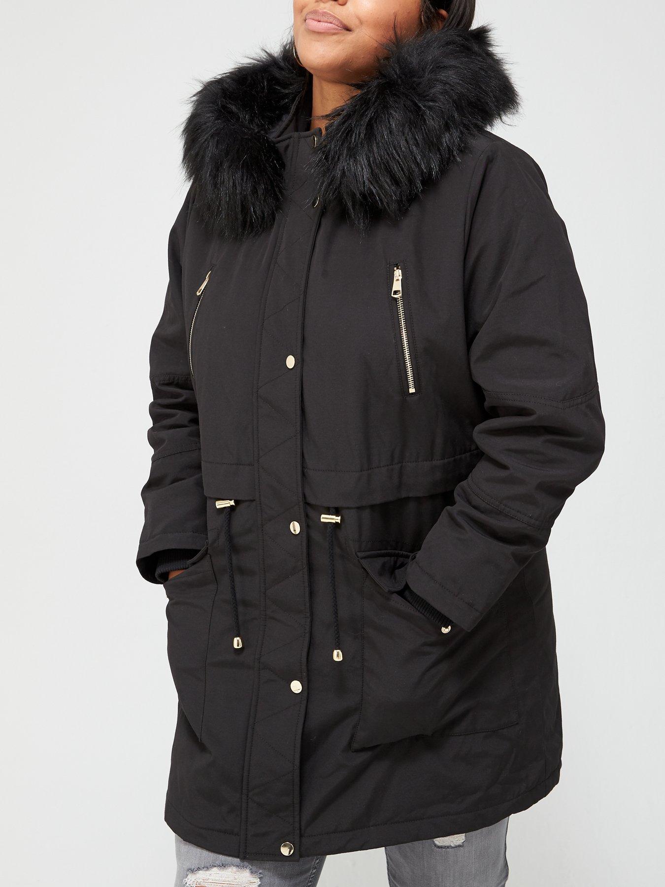 black faux fur trim hooded parka