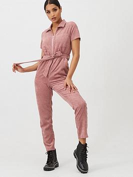 In The Style    X Fashion Influx Corduroy Zip Front Boilersuit - Pink
