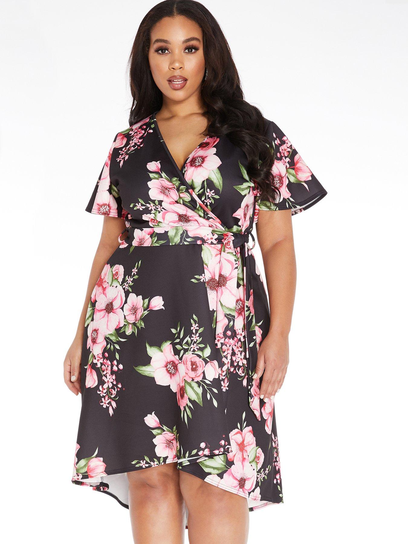 quiz pink floral wrap dip hem dress