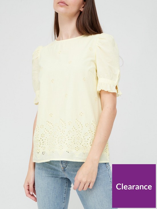 front image of v-by-very-broderie-puff-sleeve-blouse-yellow