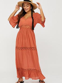 Accessorize   Lace Insert Sleeved Maxi Dress - Brown