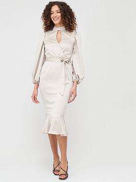 V by Very V By Very Wrap Blouson Sleeve Satin Midi Dress Picture