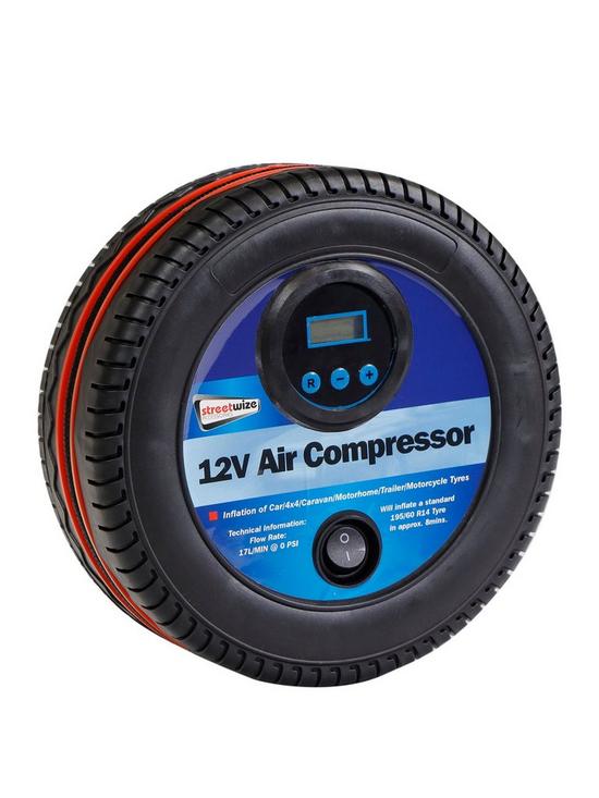 front image of streetwize-accessories-12v-air-compressor-tyre-shape-with-digital-gauge