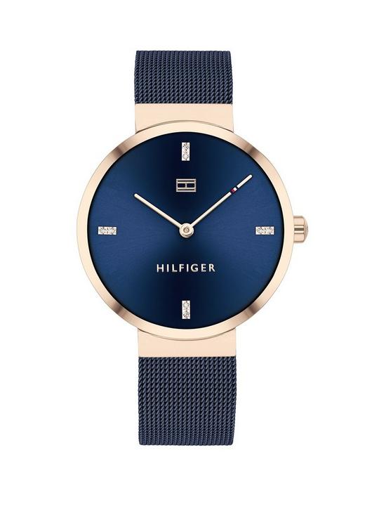 front image of tommy-hilfiger-liberty-navy-stainless-steel-mesh-navy-sunray-dial-ladies-watch