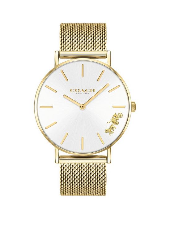 front image of coach-perry-gold-stainless-steel-mesh-strap-ladies-watch