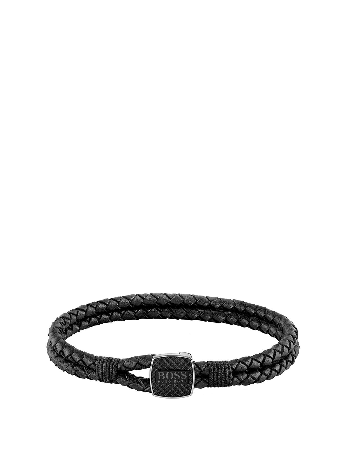 BOSS Seal Braided Black Leather Band with logo stainless steel clasp
