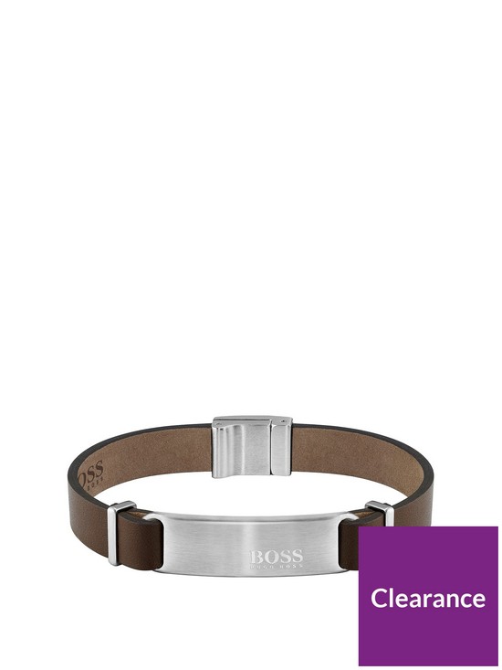 front image of boss-urbanite-brown-leather-stainless-steel-clasp-bracelet