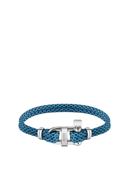 front image of boss-sailing-cord-blue-stainless-steel-d-ring-bracelet