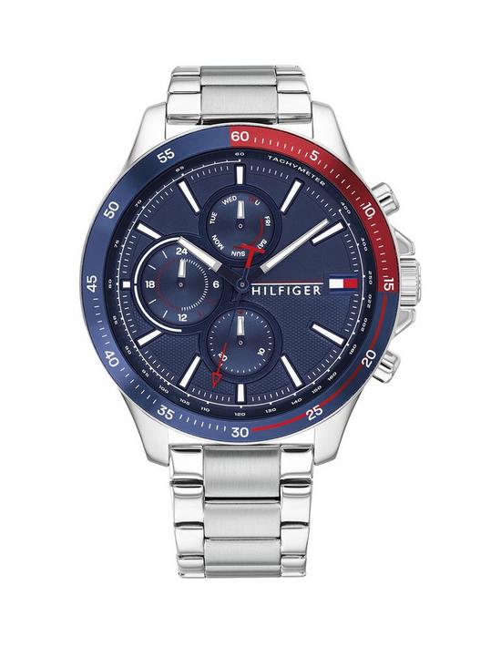 front image of tommy-hilfiger-bank-stainless-steel-bracelet-navy-sunray-dial-watch