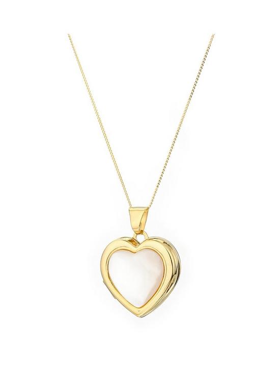 front image of love-pearl-9ct-yellow-gold-white-mother-of-pearl-heart-locket-pendant-on-18-inch-curb-chain