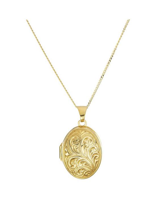 front image of love-gold-9ct-yellow-gold-oval-scroll-locket-pendant-on-18-inch-mini-curb-chain
