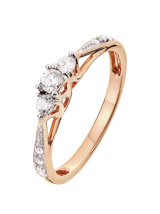 front image of love-diamond-9ct-rose-gold-025ct-three-stone-diamond-ring-with-heart-detail-on-shank