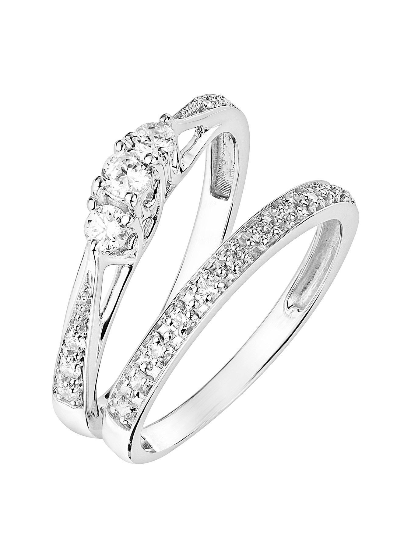 undefined 9ct White Gold 0.23ct Three-Stone Diamond Ring and 9ct White Gold 0.07ct Wedding Band Bridal Set