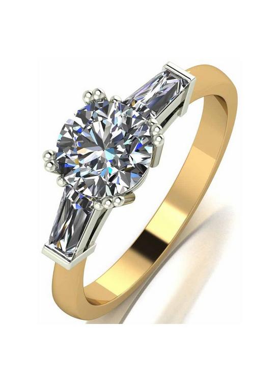 front image of moissanite-9ct-gold-65mm-round-brilliant-solitare-ring-with-baguette-set-shoulders