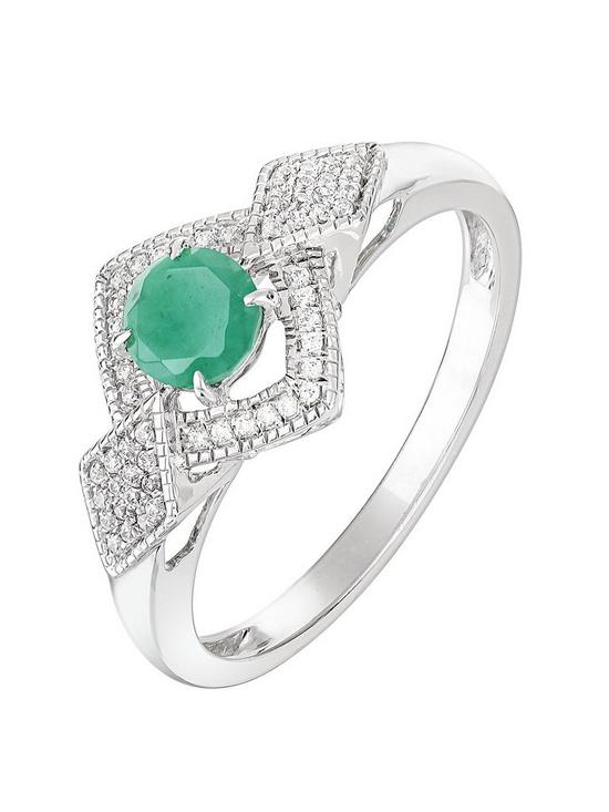 front image of love-gem-9ct-white-gold-round-emerald-and-012ct-diamond-bridal-ring