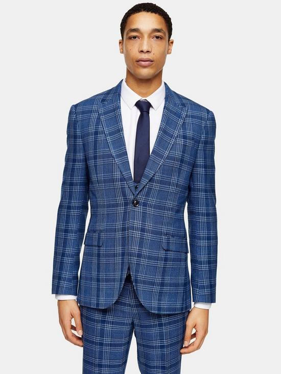 front image of topman-skinny-fit-check-suit-jacket-blue