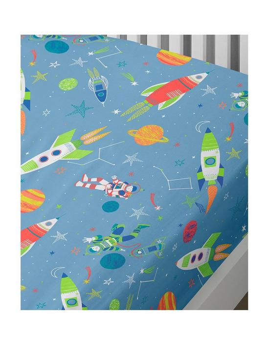 front image of bedlam-supersonic-glow-in-the-dark-fitted-sheet-toddler-multi