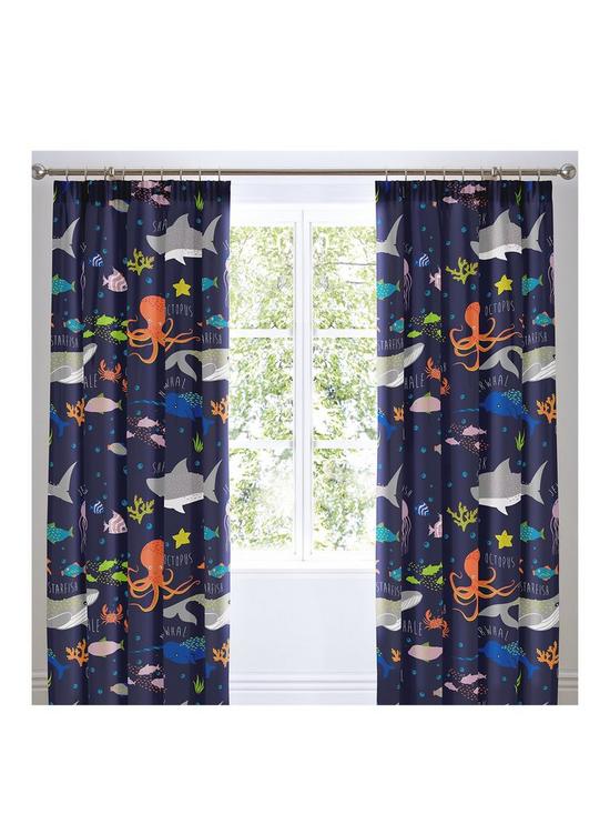 front image of bedlam-sea-life-glow-in-the-dark-lined-pleated-curtains