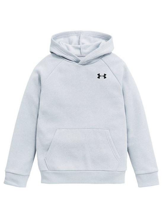 front image of under-armour-childrens-rival-cotton-hoodie-grey-black