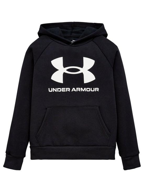 front image of under-armour-childrensnbsprival-fleece-hoodie-blackwhite