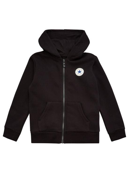 front image of converse-fleece-printed-chuck-patch-full-zip-hoodie-black
