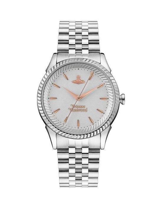 front image of vivienne-westwood-ladiesnbspsilver-and-rose-gold-detail-stainless-steel-braceletnbspwatch