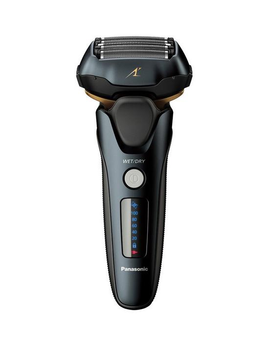 front image of panasonic-es-lv97-wet-amp-dry-electric-5-blade-shaver-with-automatic-cleaning-amp-charging-stand