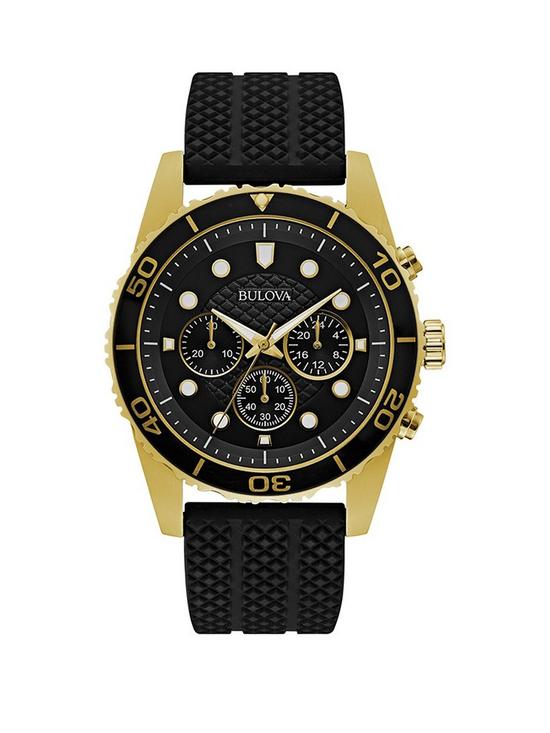 front image of bulova-black-and-gold-chronograph-dial-black-silicone-strap-mens-watch