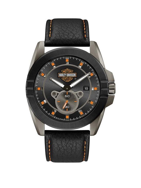 front image of bulova-harley-davidson-by-bulova-black-leather-strap-black-dial-mens-watch