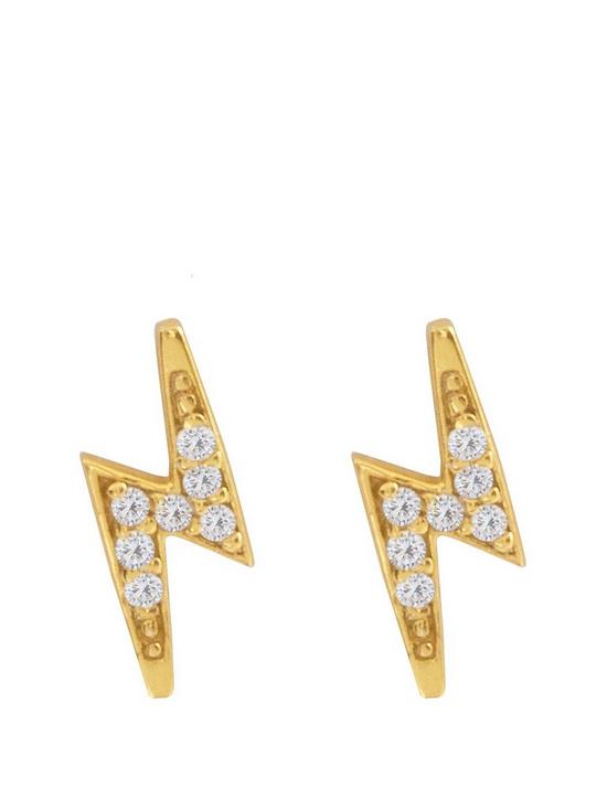 front image of the-love-silver-collection-18ct-gold-plated-silver-lightning-bolt-cubic-zirconia-stud-earrings
