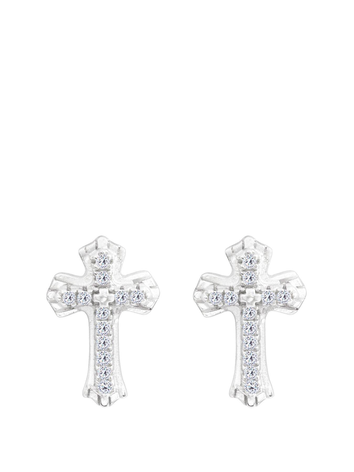 The Love Collection Sterling Silver Pave Cubic Zirconia Club Cross Earrings