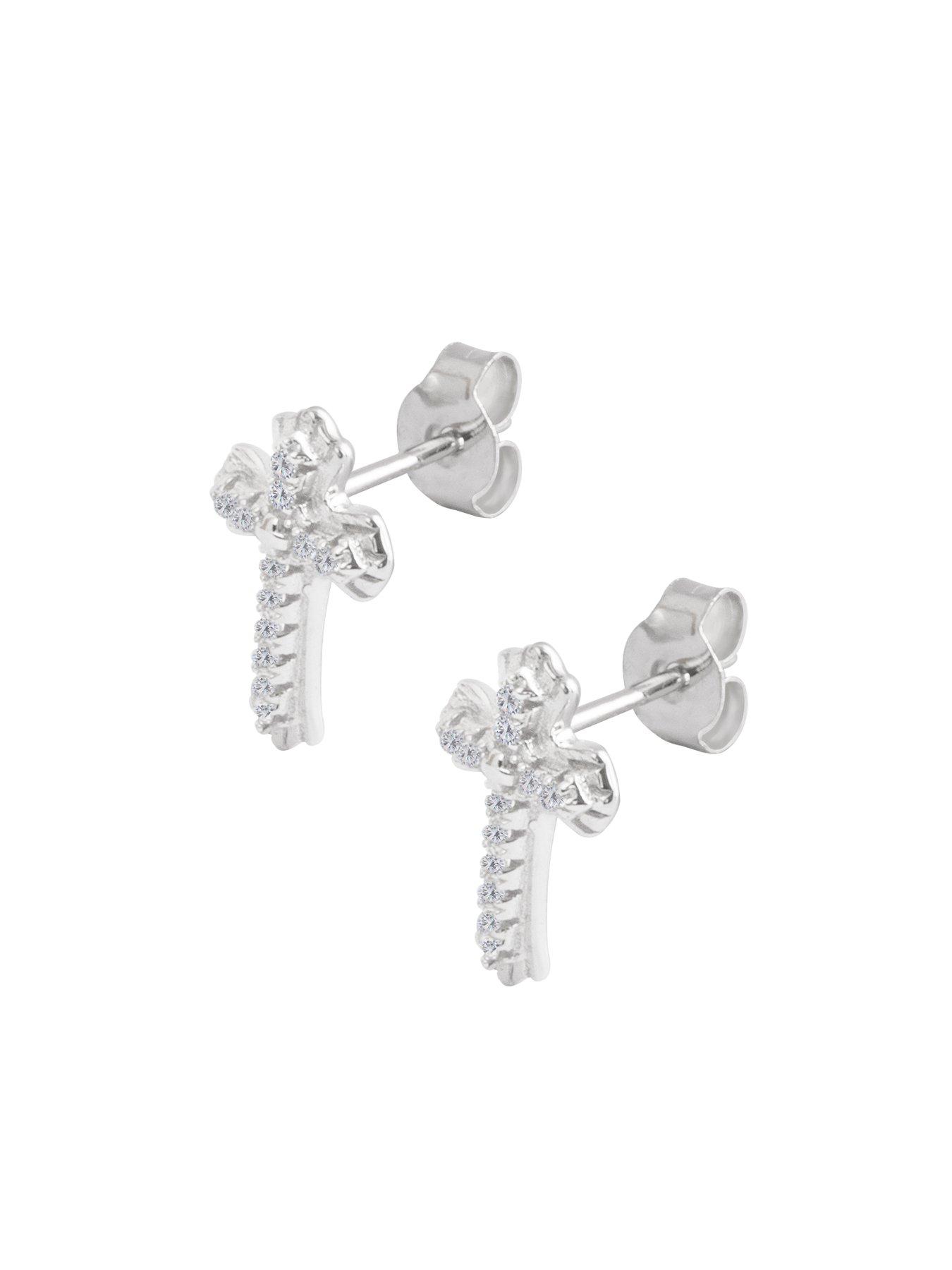  image of the-love-collection-sterling-silver-pave-cubic-zirconia-club-cross-earrings