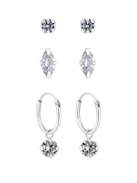 front image of simply-silver-pack-of-three-marquise-stud-and-charmed-hoop-earrings