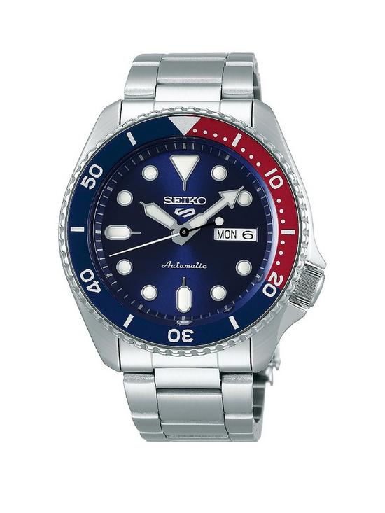 front image of seiko-5-stainless-steel-blue-dial-red-accent-bezel-bracelet-watch